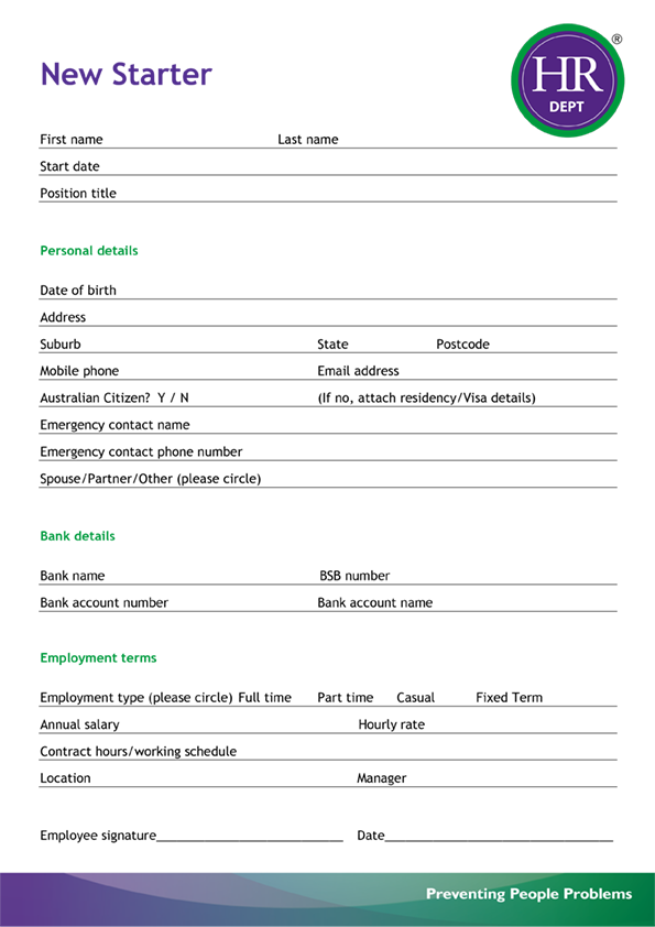 Printable New Employee Starter Form Template Printable Templates