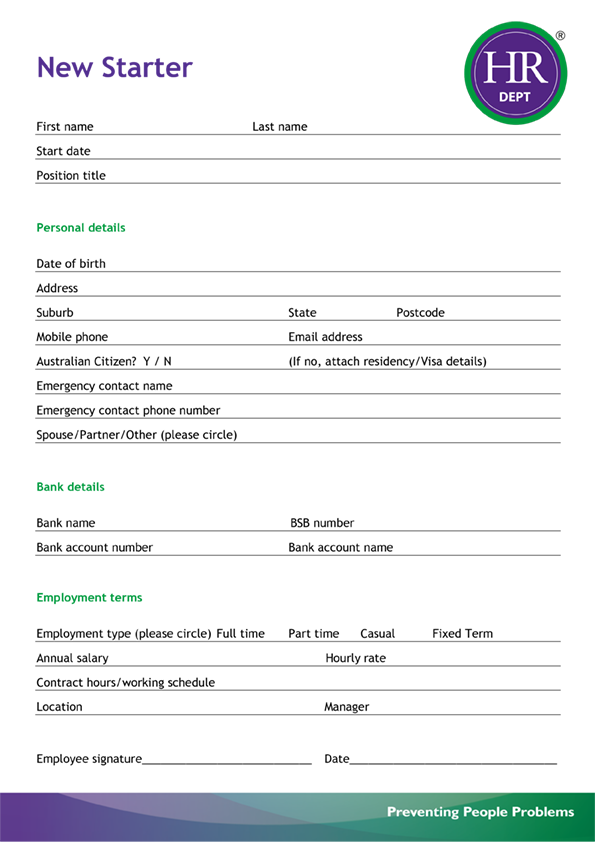 Printable New Employee Starter Form Template - Printable Templates